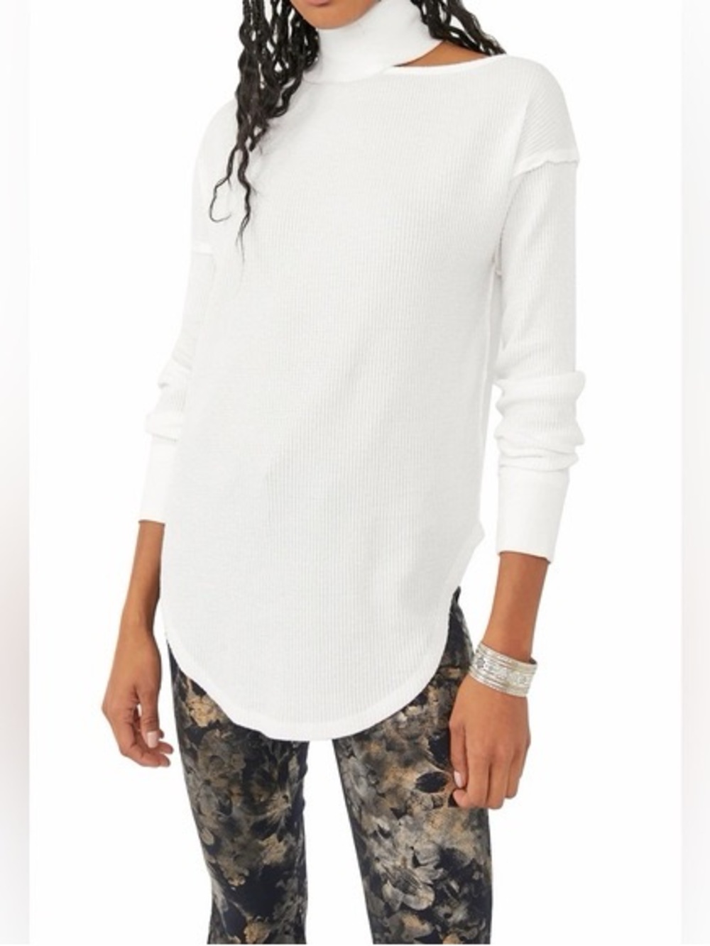 Free People We The Free Waffle Knit Cutout Turtleneck Top - Size XS